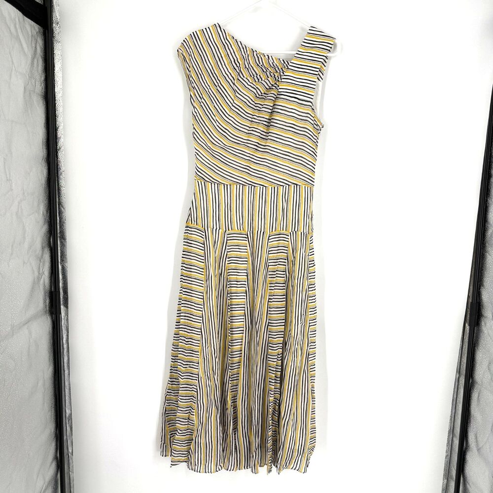 Reiss Raya Midi Dress Striped Asymmetric Yellow Sundress Wedding Church US 6